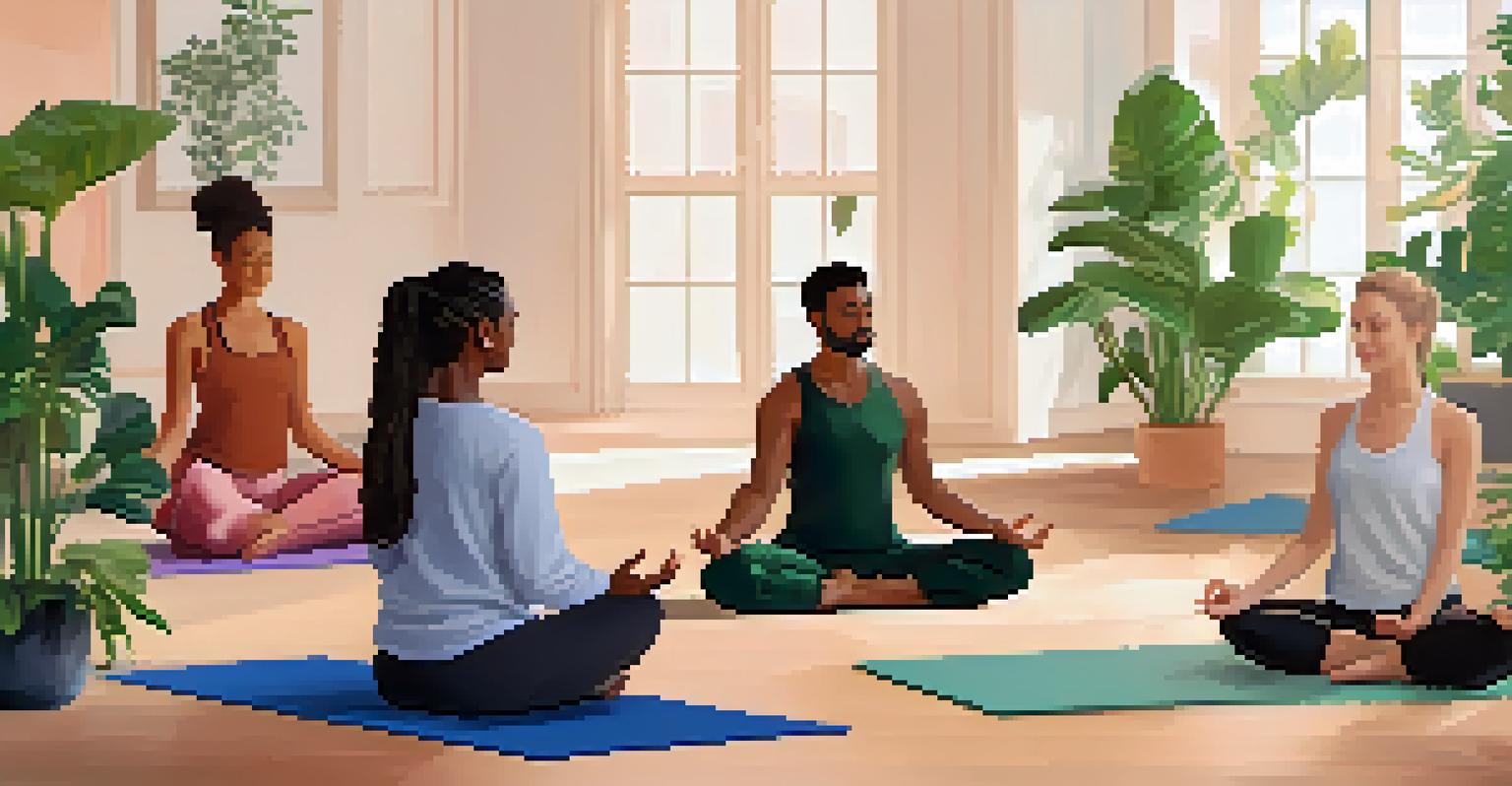 A virtual yoga class with diverse individuals practicing together from their homes.