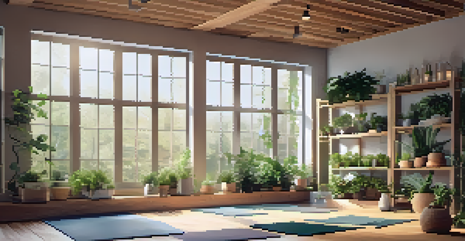 An eco-friendly yoga studio filled with plants and natural light, featuring yoga mats and nature-themed decor.
