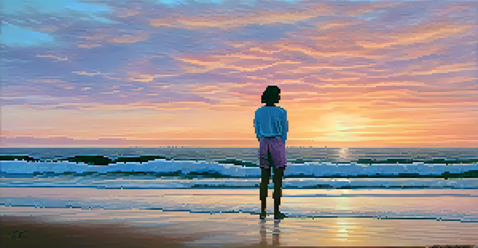 A person standing on a beach at sunset, practicing Ujjayi breath with ocean waves in the background.