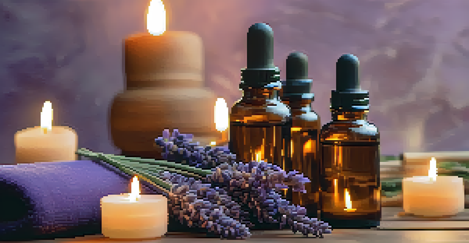 Close-up of essential oil bottles on a yoga mat with candles and a lavender plant in the background.