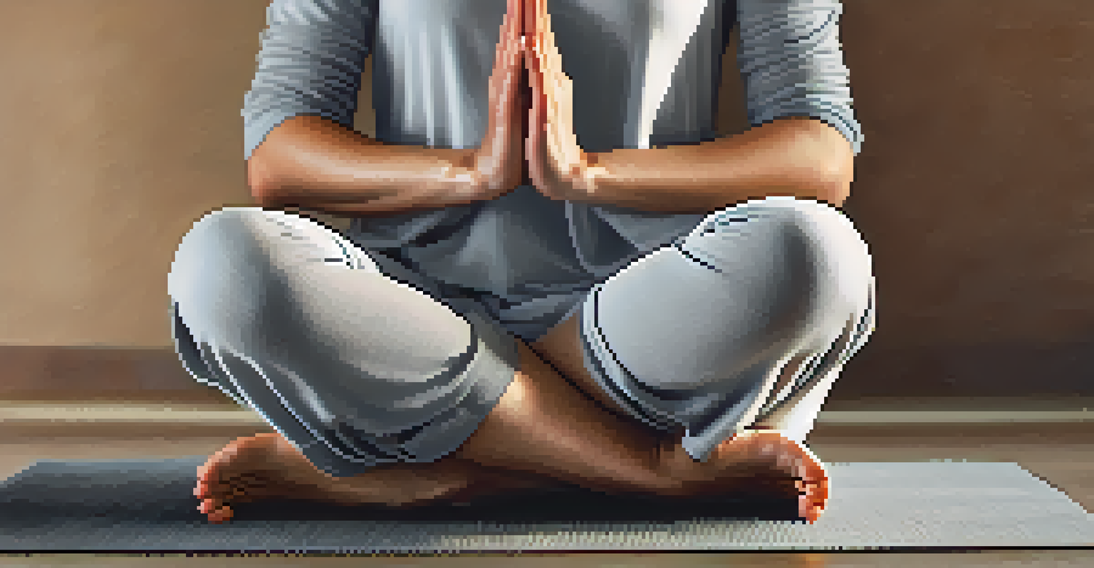 Close-up of a person’s hands in a meditative gesture while sitting cross-legged on a yoga mat, with a softly blurred background.