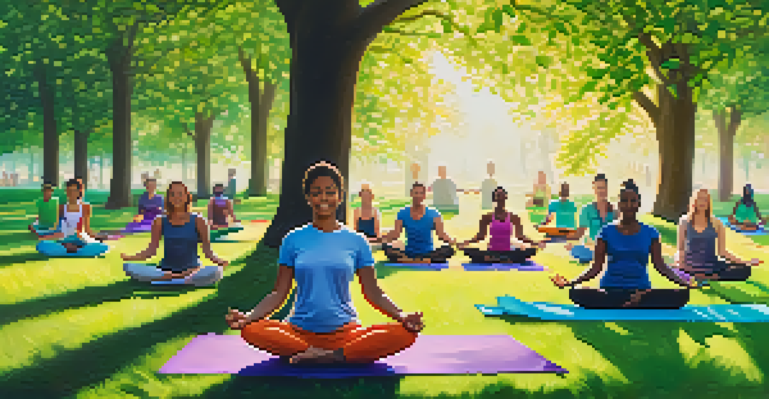 A diverse group of employees participating in a yoga session outdoors in a park.