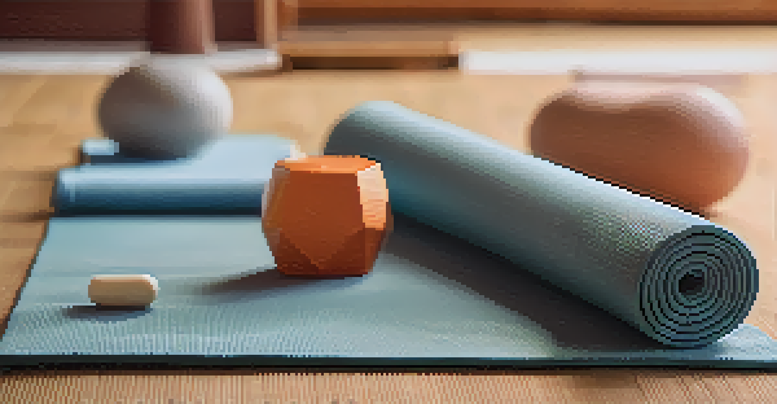 An arrangement of yoga props including blocks, straps, and a bolster on a yoga mat, emphasizing support in practice.