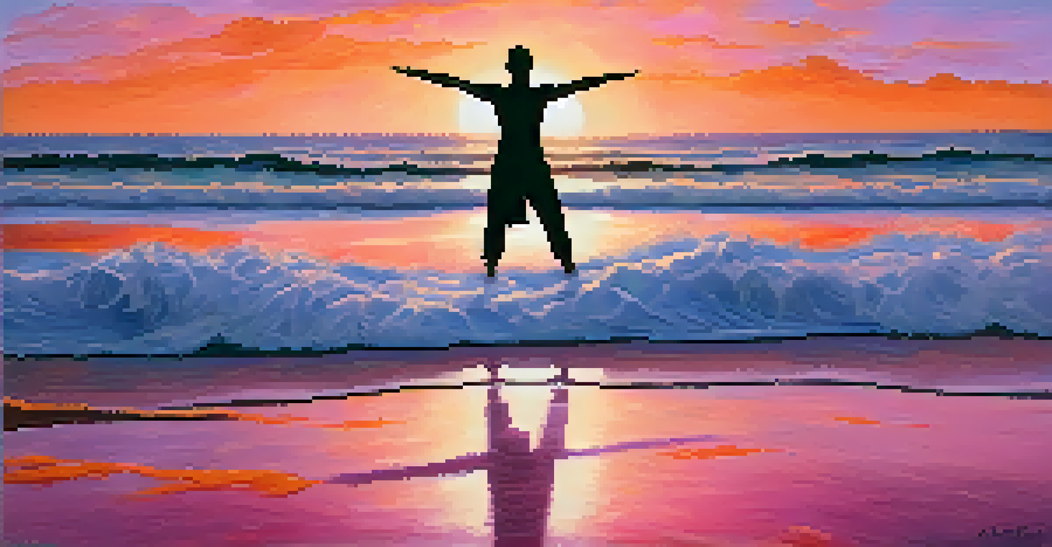 A silhouetted person practicing yoga on the beach at sunrise, with vibrant colors in the sky.