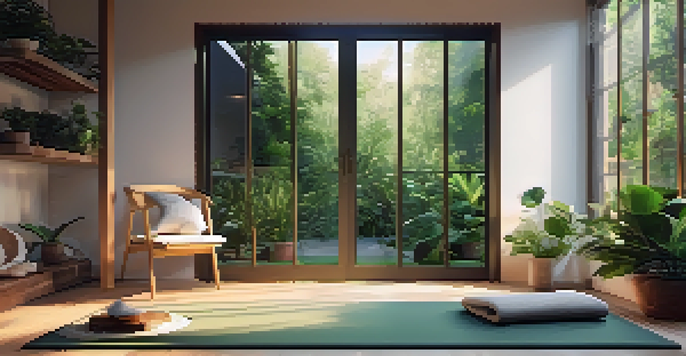 A cozy yoga space with a mat, plants, candles, and soft lighting, creating a peaceful atmosphere.