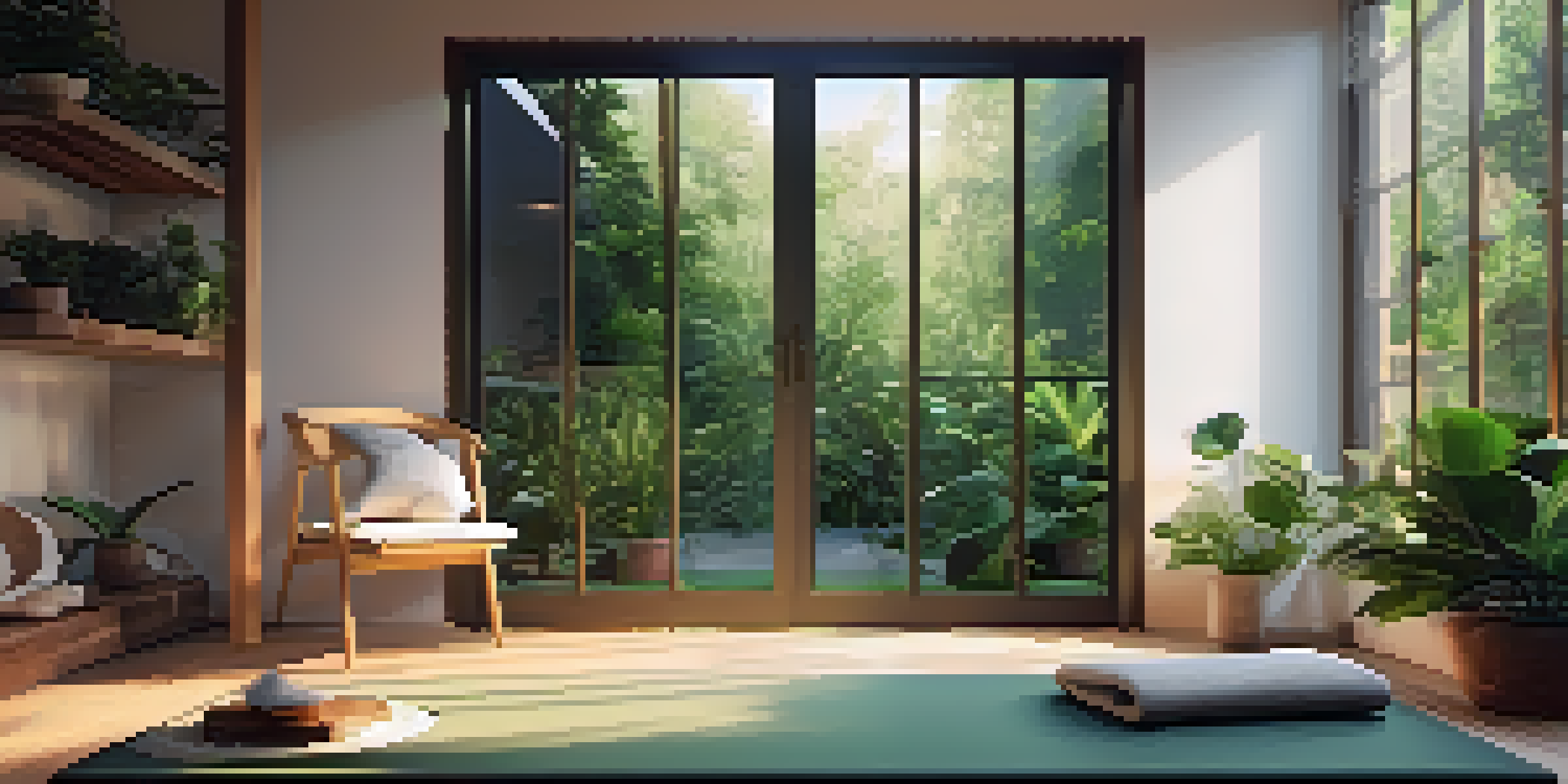A cozy yoga space with a mat, plants, candles, and soft lighting, creating a peaceful atmosphere.