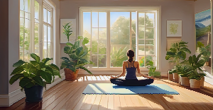 A person practicing yoga in a serene studio with soft lighting, surrounded by plants and calming artwork.
