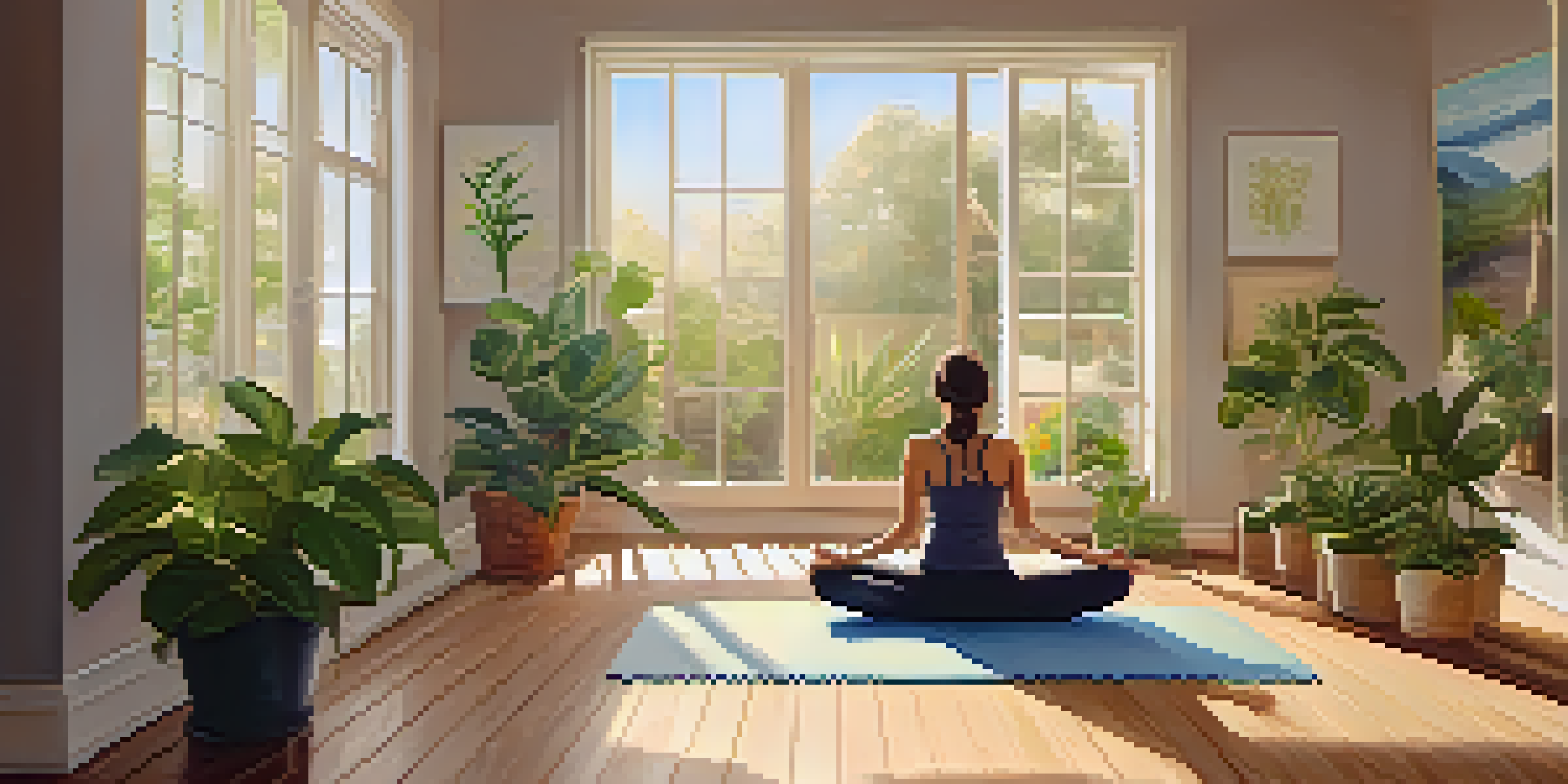 A person practicing yoga in a serene studio with soft lighting, surrounded by plants and calming artwork.