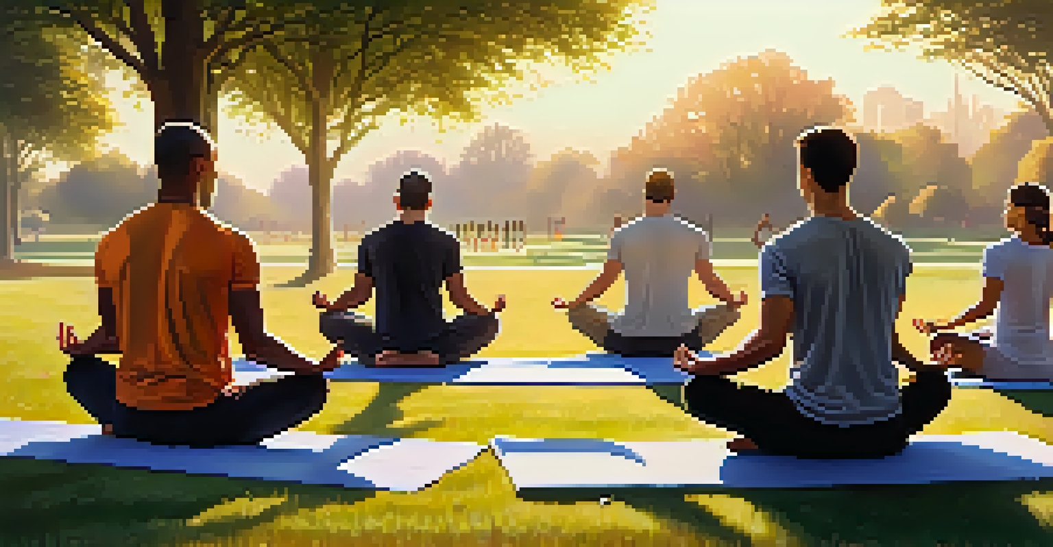A group of men practicing yoga outdoors in a park at sunrise, surrounded by trees and flowers.
