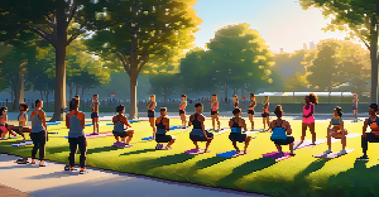 A group of people exercising in a park, lifting weights and one person in a warrior pose during sunset.