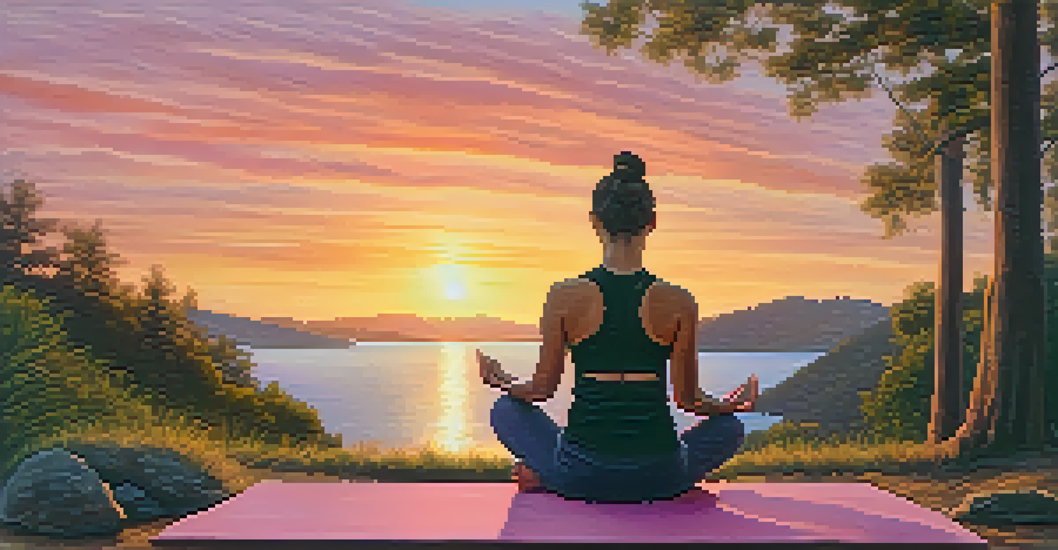 A person meditating on a yoga mat in nature during sunset, surrounded by warm colors in the sky.