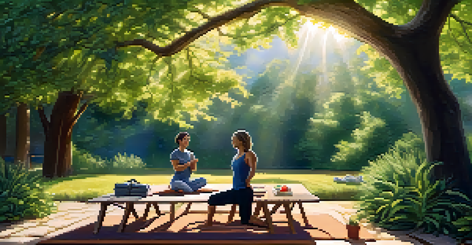 Two colleagues practicing yoga in a serene outdoor workspace under a tree.