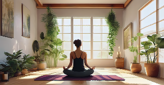 A person meditating in a sunlit yoga studio with plants and candles, creating a calm and serene environment.