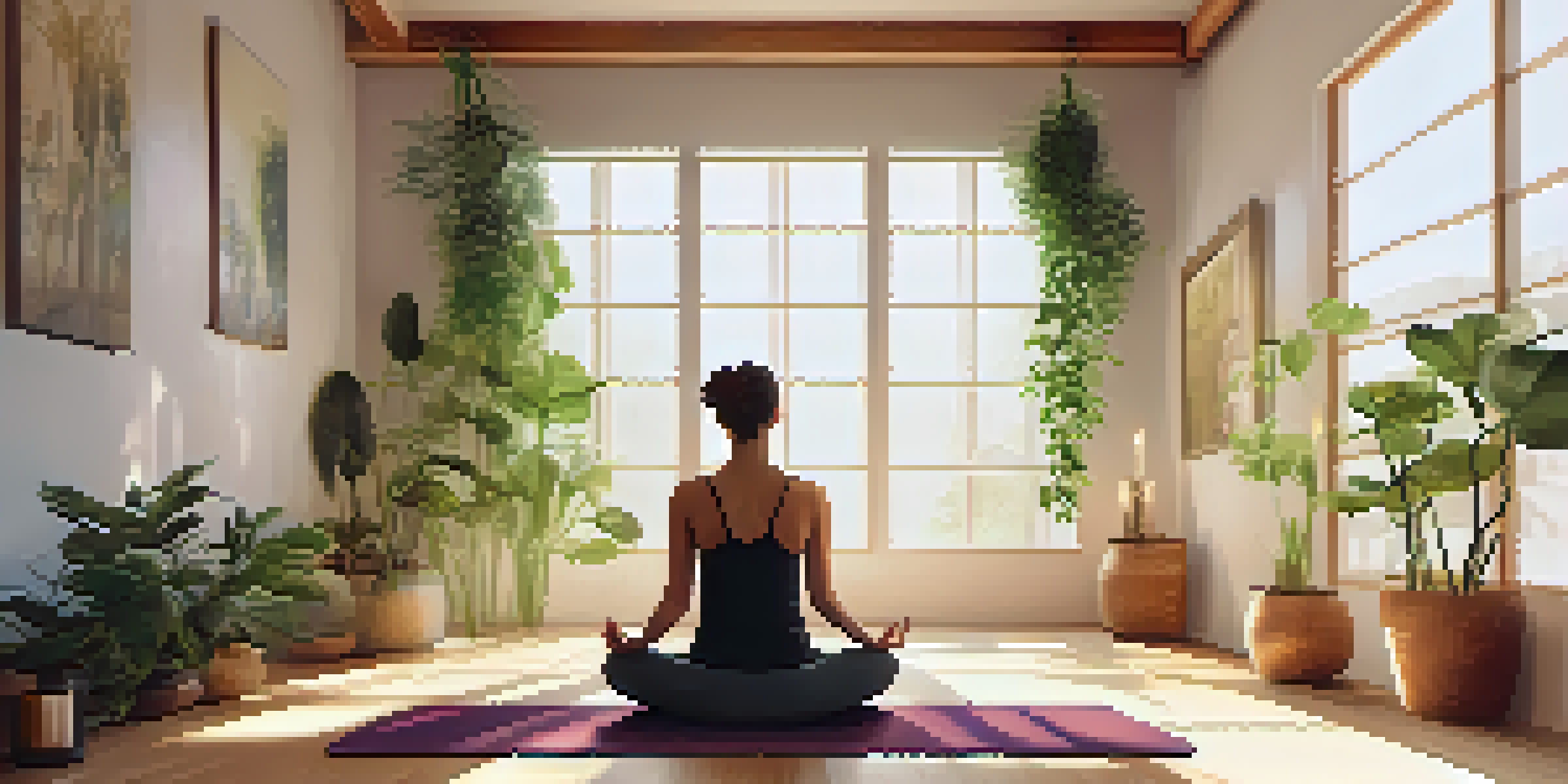 A person meditating in a sunlit yoga studio with plants and candles, creating a calm and serene environment.