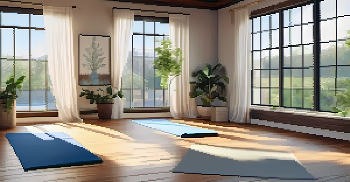 A bright and airy yoga studio with wooden flooring, a yoga mat in the center, and natural light streaming through large windows.