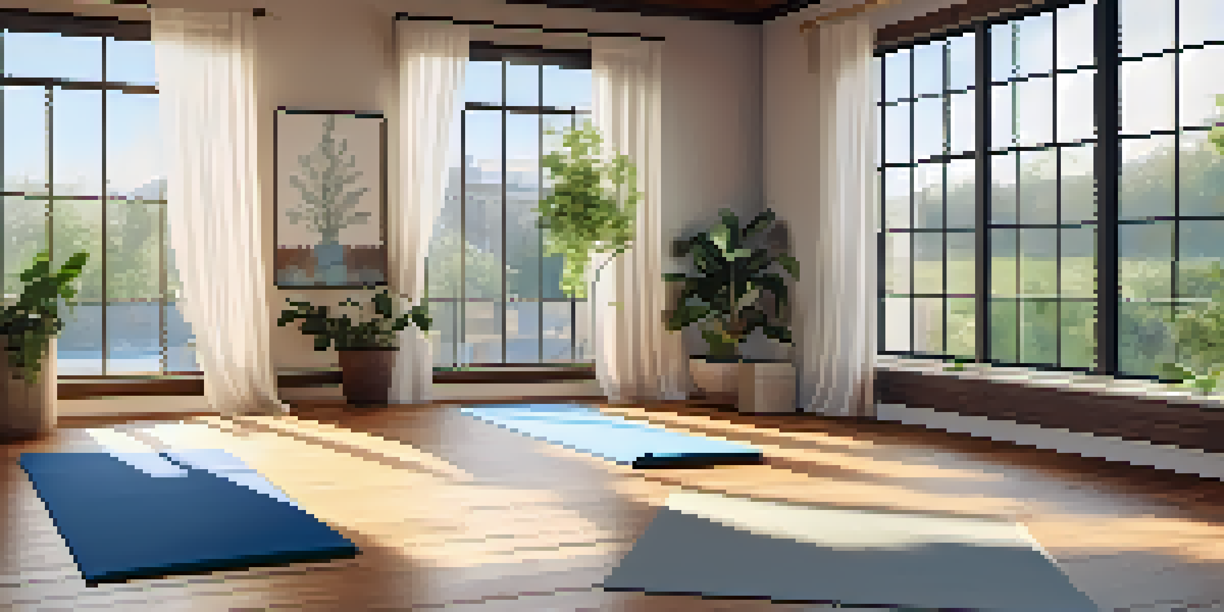 A bright and airy yoga studio with wooden flooring, a yoga mat in the center, and natural light streaming through large windows.