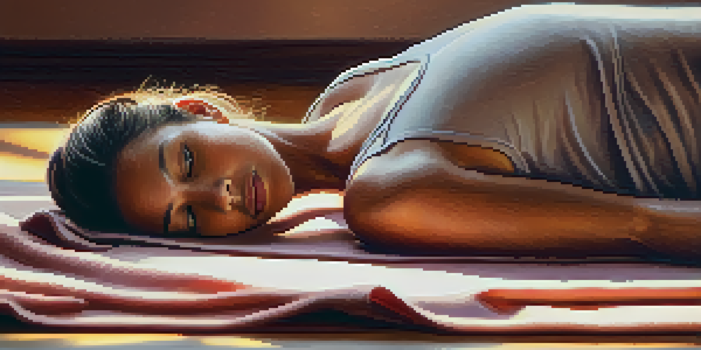 Close-up of a person's hands resting on their heart on a yoga mat, with a warm, tranquil background.