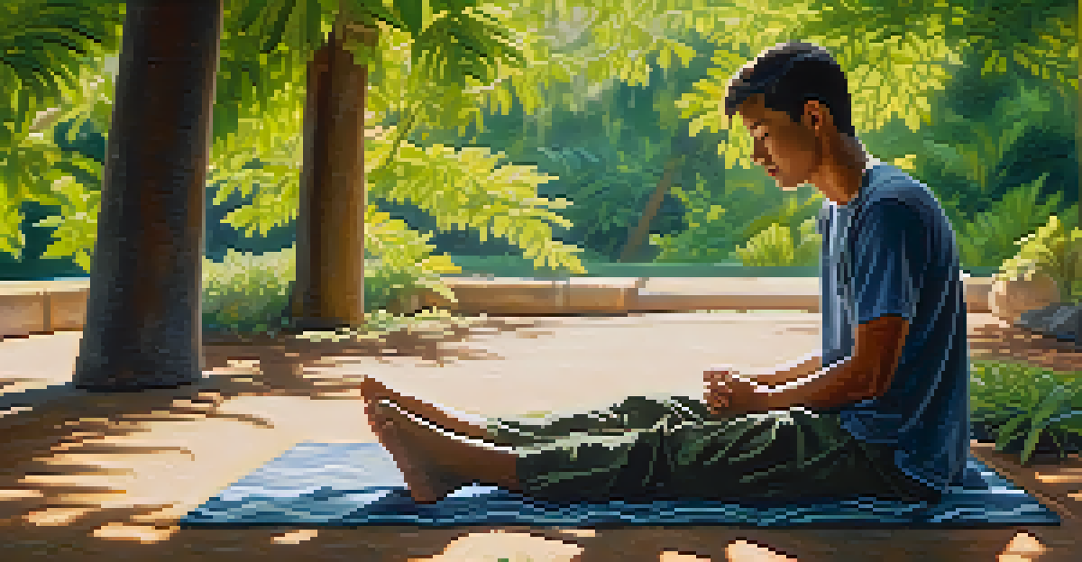 A person sitting cross-legged outdoors, practicing deep breathing techniques with a serene expression.