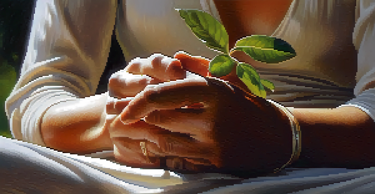 Close-up of hands in a meditative pose with sunlight filtering through leaves in the background.