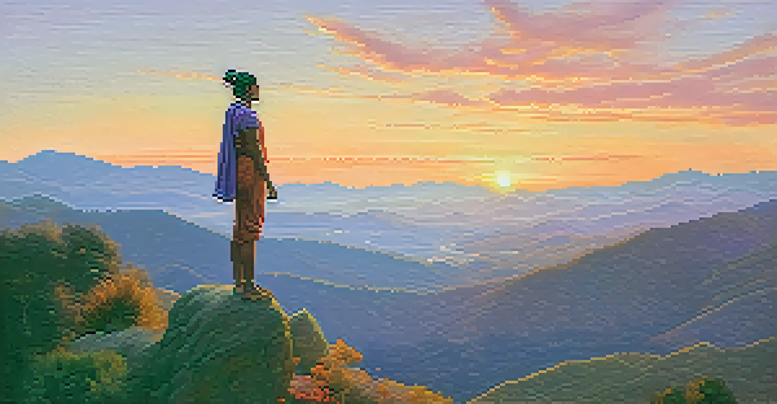 A person practicing Ujjayi breath on a mountain top during sunrise, with vibrant sky colors and a scenic landscape in the background.