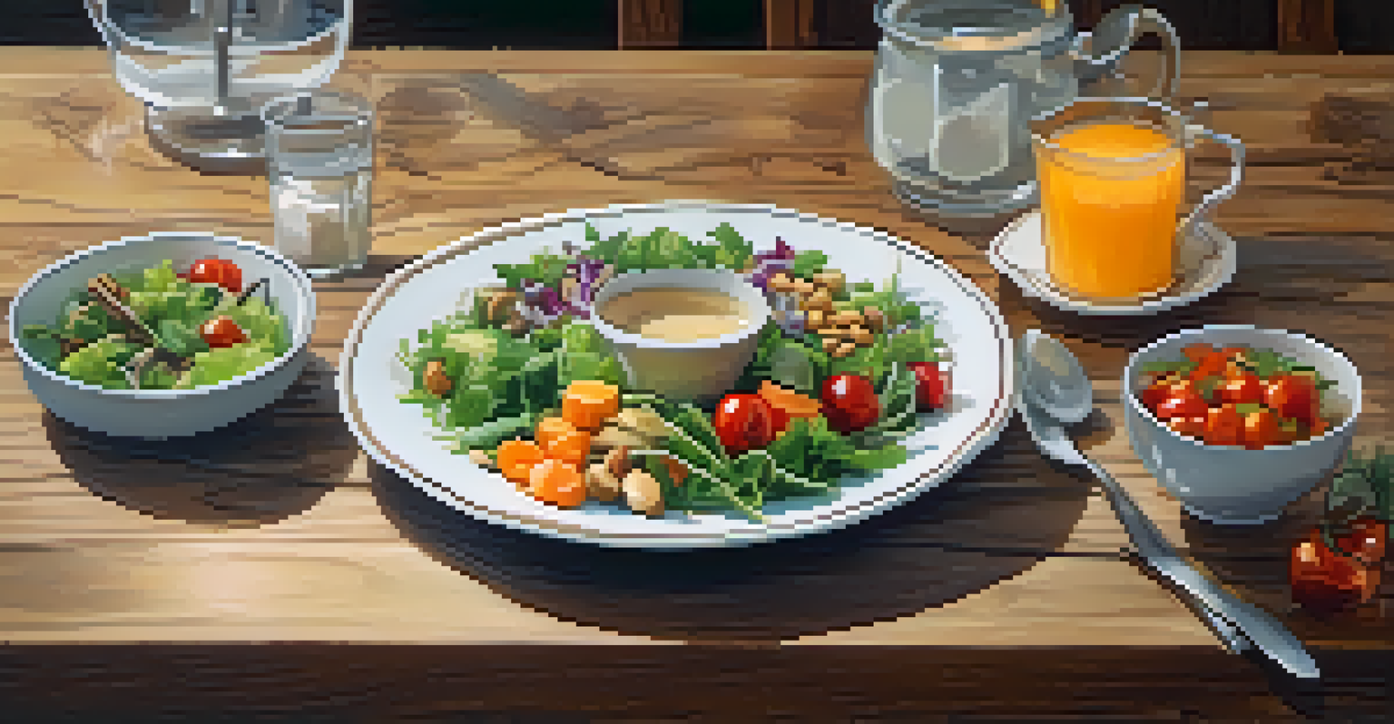 A close-up of a colorful salad and a calming tea on a rustic wooden table, emphasizing mindful eating.