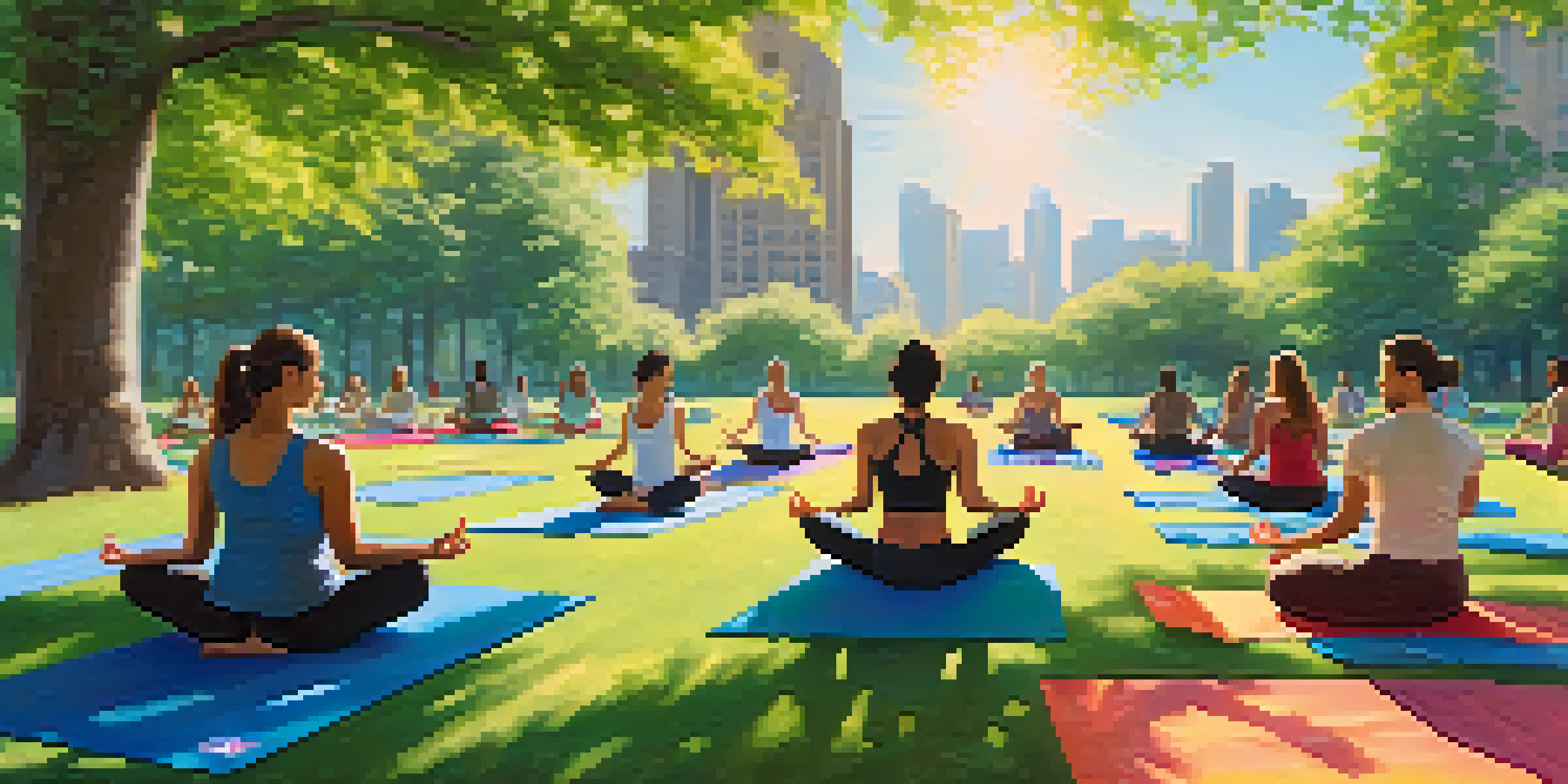 A diverse group of individuals practicing yoga in a park, surrounded by greenery and flowers, emphasizing calmness and teamwork.