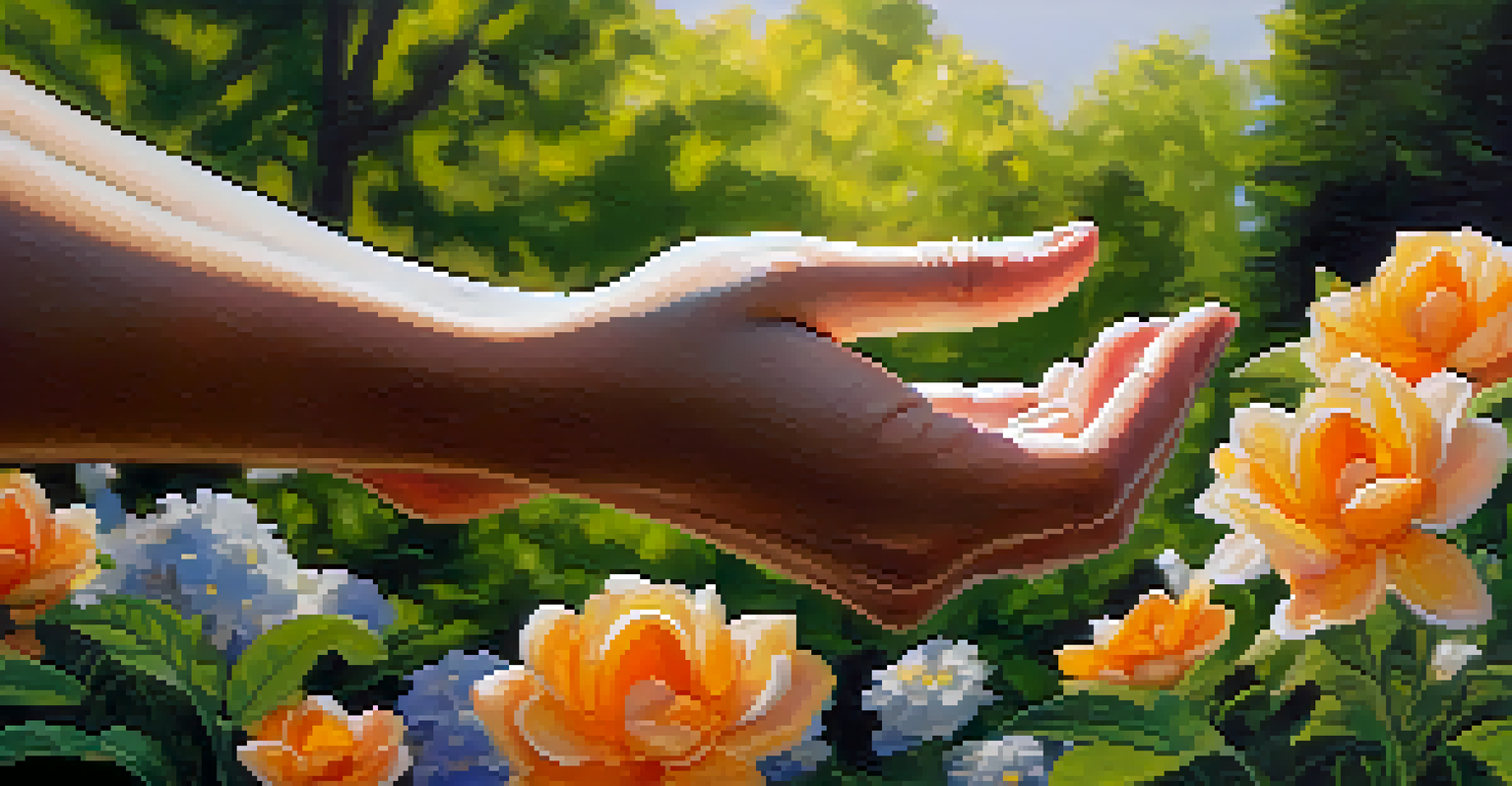 Close-up of hands in a mudra position surrounded by flowers and greenery in a tranquil outdoor setting.