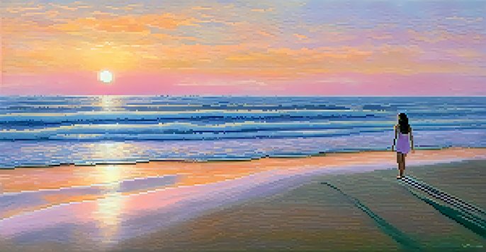 A person standing at the beach during sunrise, looking out at the calm ocean waves, surrounded by pastel skies.