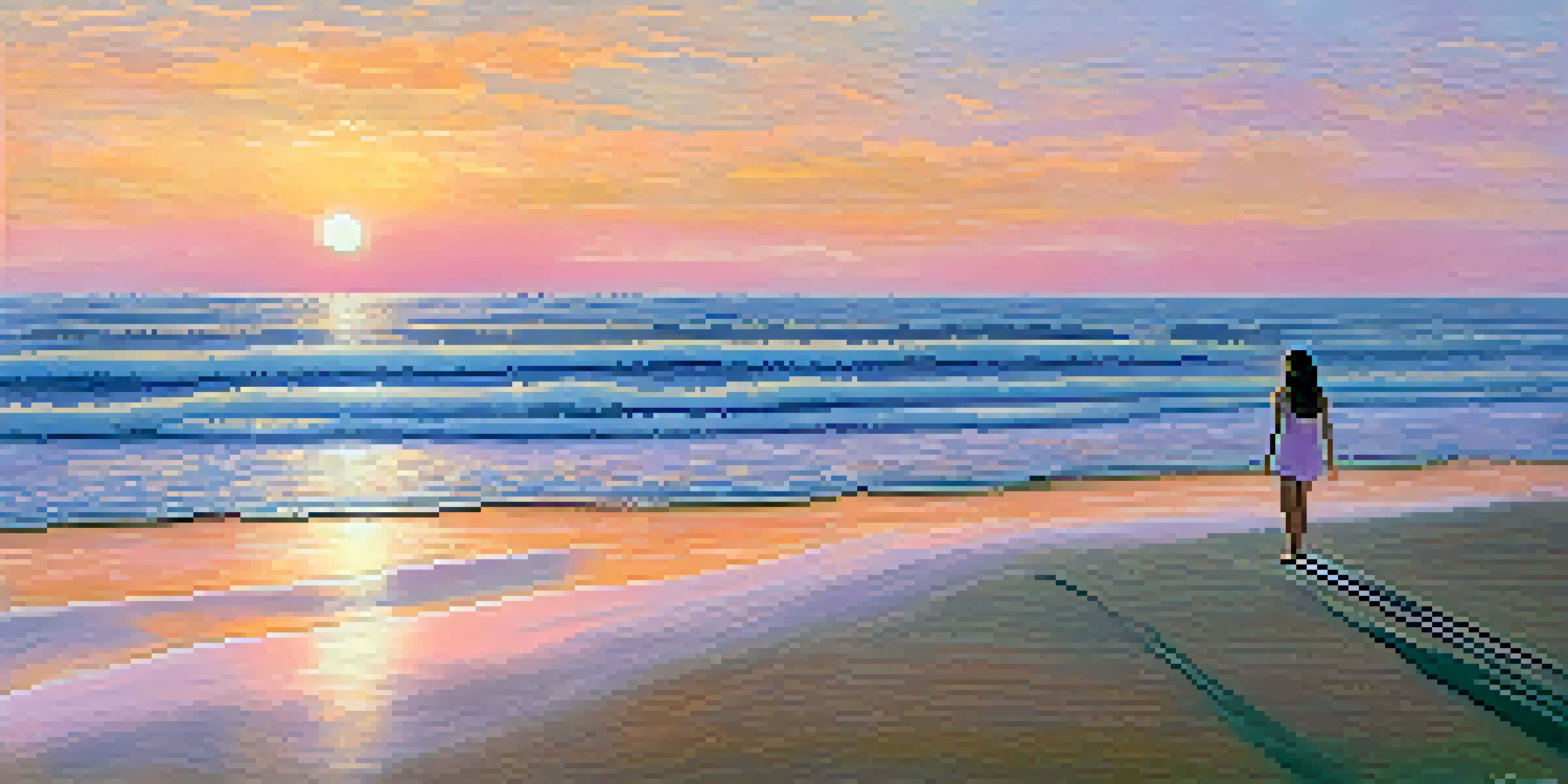 A person standing at the beach during sunrise, looking out at the calm ocean waves, surrounded by pastel skies.