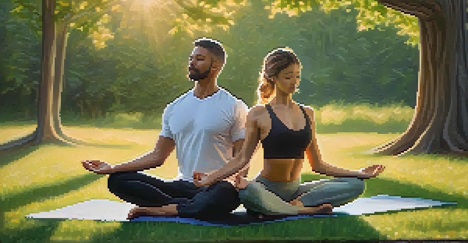 A couple practicing partner yoga in a lush green park during golden hour, showcasing trust and connection in their poses.