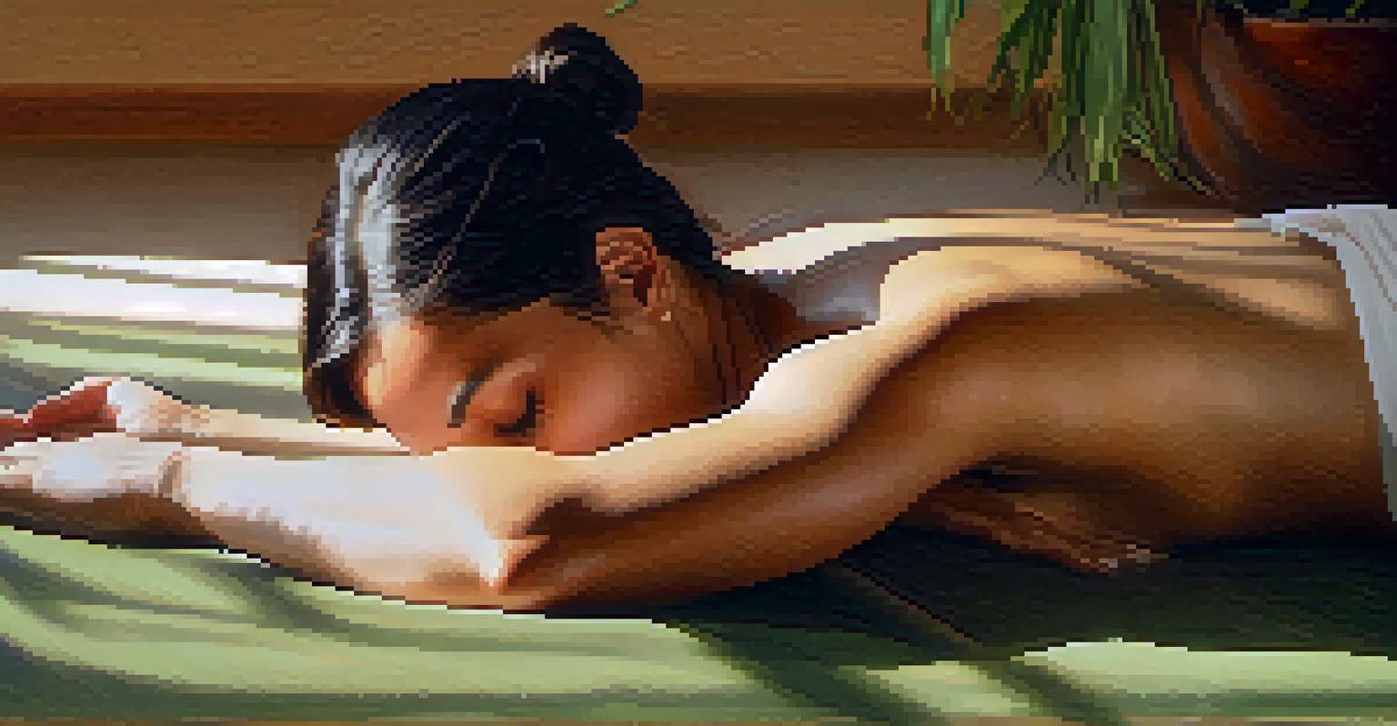 A person in a restful yoga pose, lying on a bolster with a serene expression, surrounded by a calm environment.