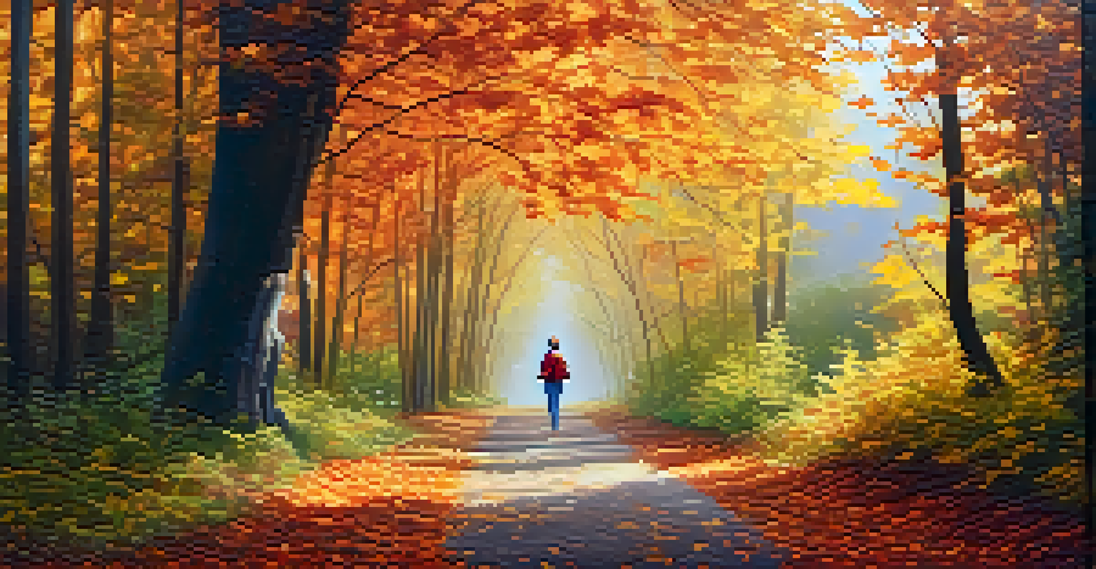 A person walking along a forest path during autumn, surrounded by colorful leaves and sunlight filtering through the trees, representing mindfulness in nature.