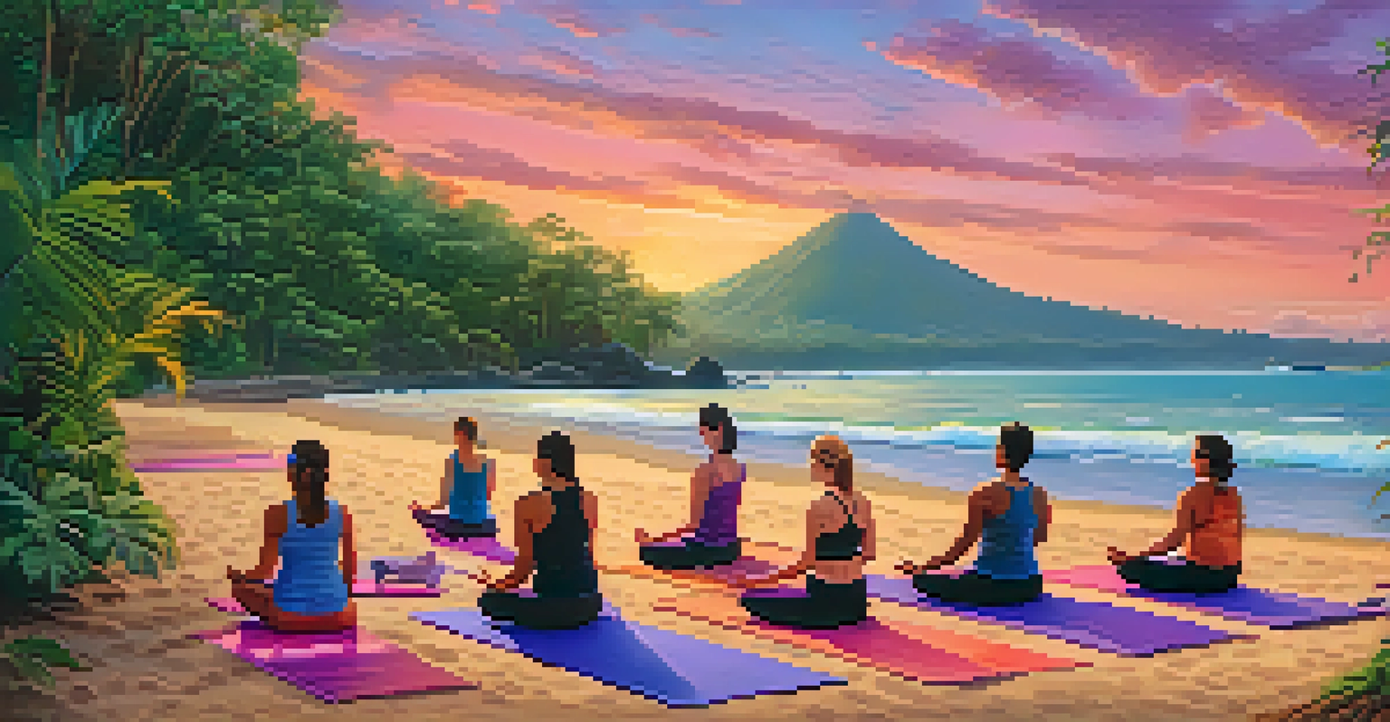 Participants practicing yoga on the beach at sunset in Costa Rica, with colorful mats and a vibrant sky in the background.