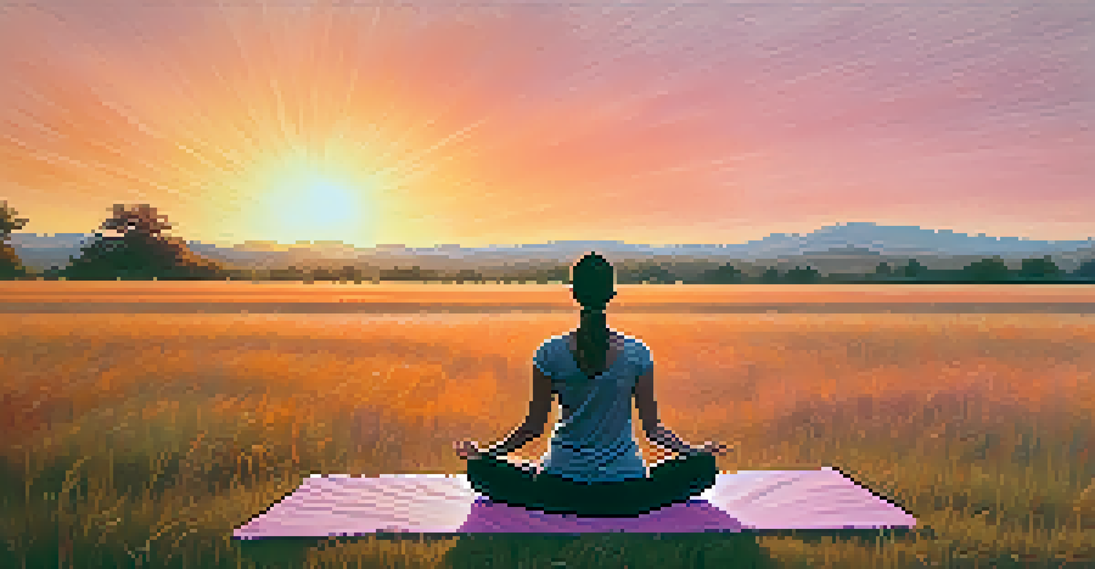 A person practicing Yin Yoga in a grassy field during sunset, surrounded by vibrant colors in the sky.