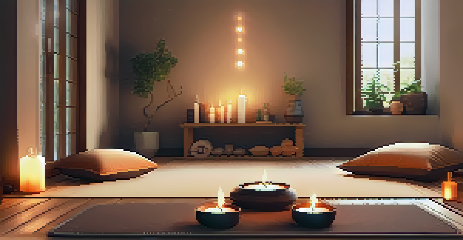 A cozy and inviting space set up for Yoga Nidra practice, with a yoga mat, soft pillows, and candles providing a warm glow for relaxation.