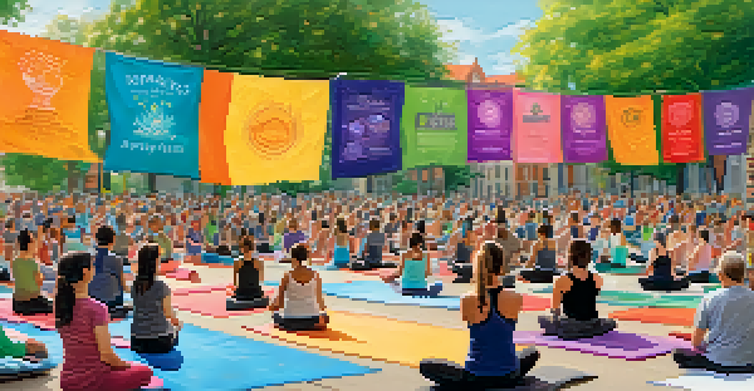 A lively community yoga event with participants practicing yoga in a public square, surrounded by banners and a speaker discussing activism.