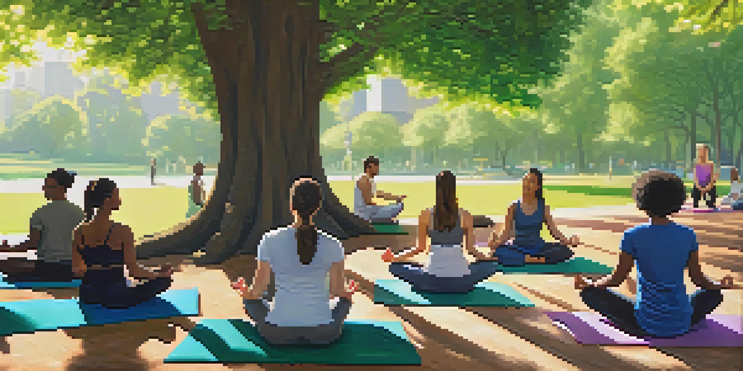A group of diverse individuals meditating in a sunny park during a mindfulness workshop, surrounded by greenery and flowers.
