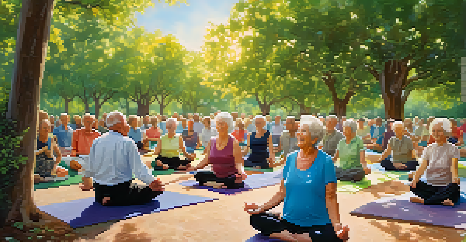 Seniors practicing yoga in a park, performing 'Mountain Pose' with a backdrop of greenery and flowers, showing a sense of community.