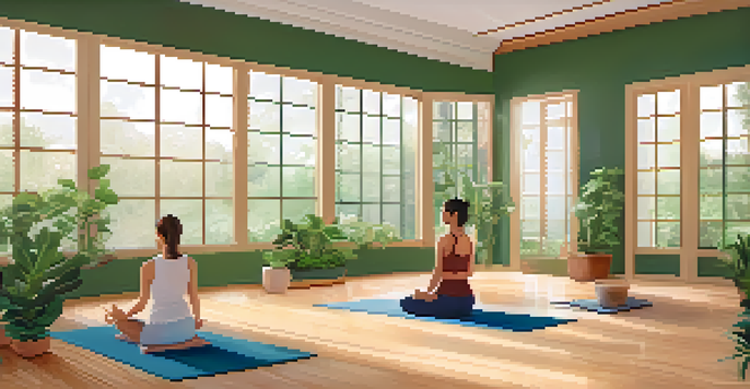 A peaceful yoga studio with a person practicing yoga by following a video on a tablet, surrounded by plants and natural light.