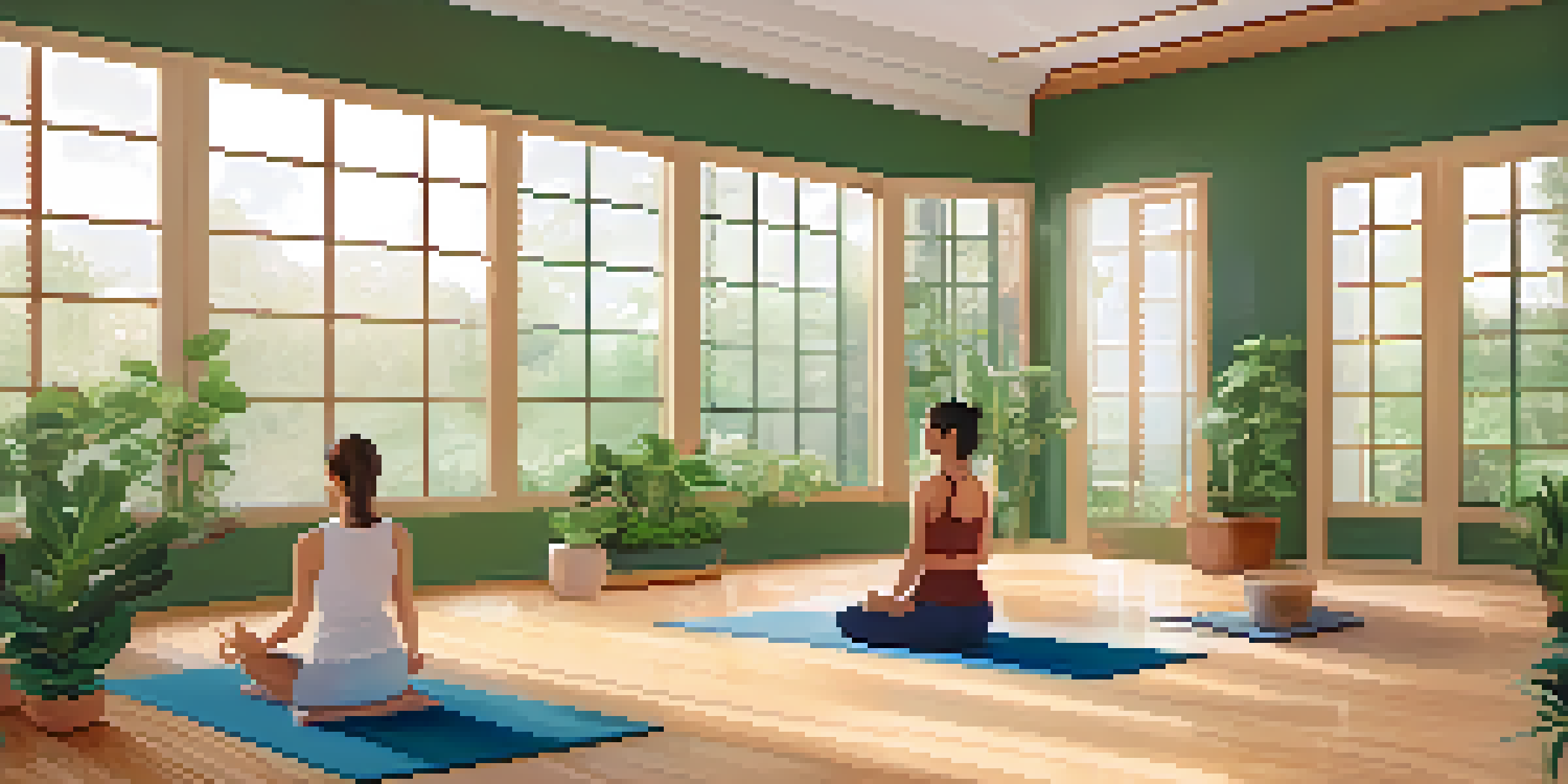 A peaceful yoga studio with a person practicing yoga by following a video on a tablet, surrounded by plants and natural light.
