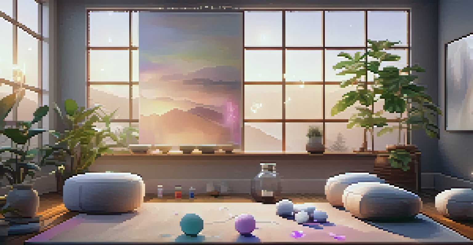 A calming yoga space with dimmed lights, soft music notes, and a diffuser releasing essential oils.