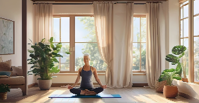 A bright and calming yoga space designed for seniors, showing a yoga mat, cushions, and warm lighting with a gentle instructor demonstrating a pose.