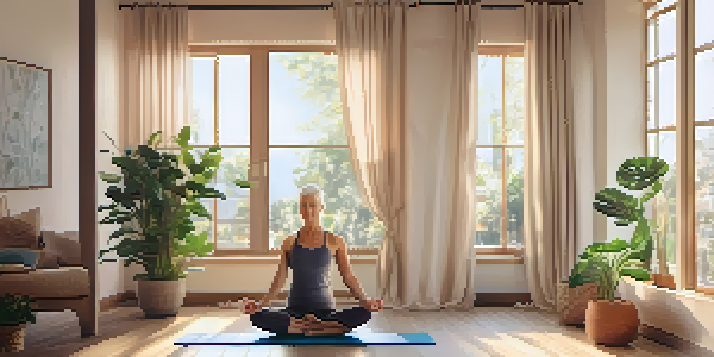 A bright and calming yoga space designed for seniors, showing a yoga mat, cushions, and warm lighting with a gentle instructor demonstrating a pose.