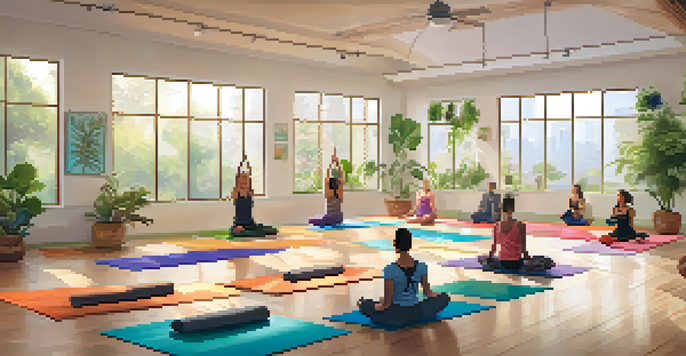 A calming yoga studio with diverse individuals practicing yoga poses on colorful mats, surrounded by plants and artwork.