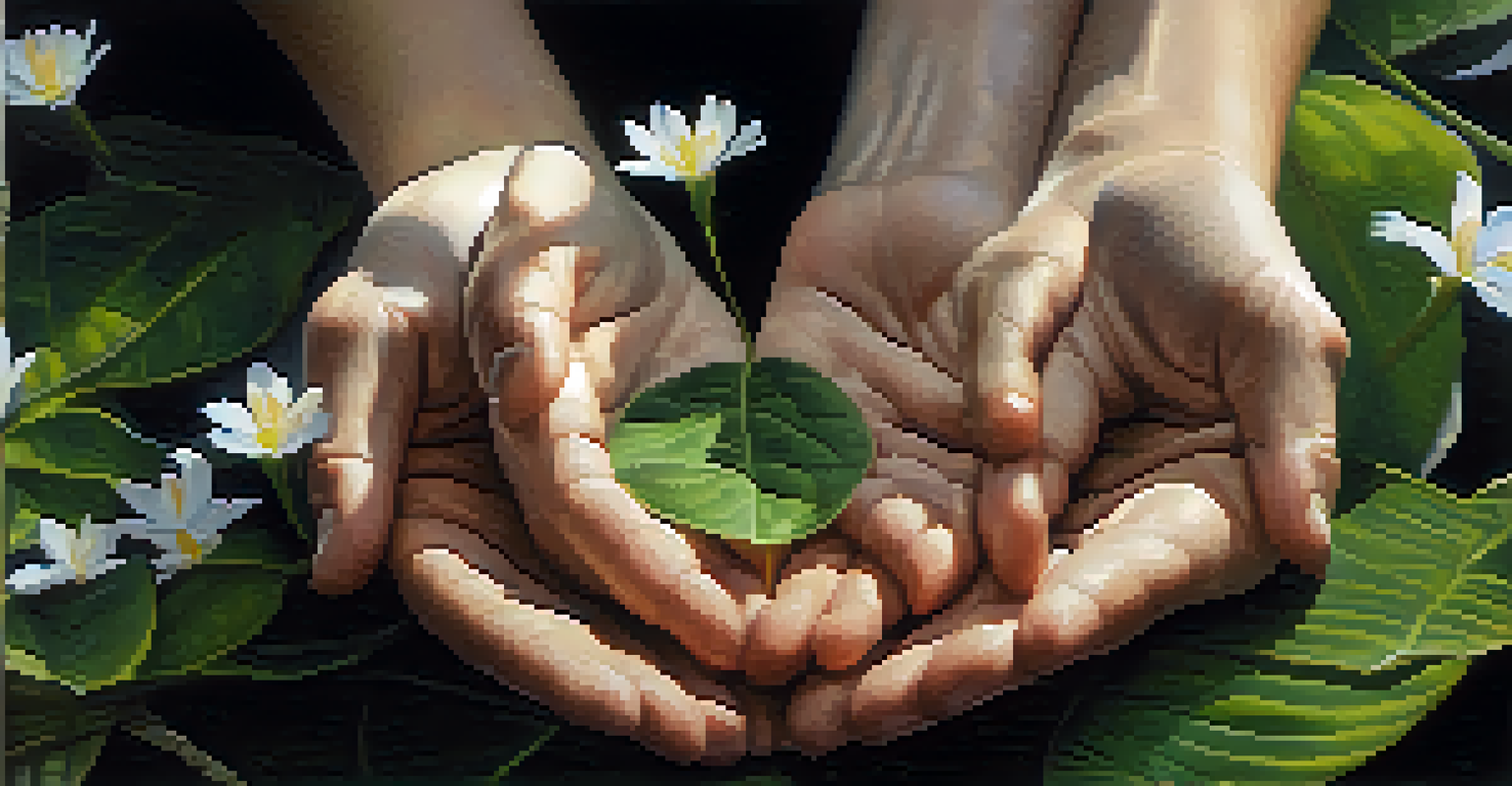 Close-up of hands in a mudra gesture, with nature blurred in the background, emphasizing breath awareness.