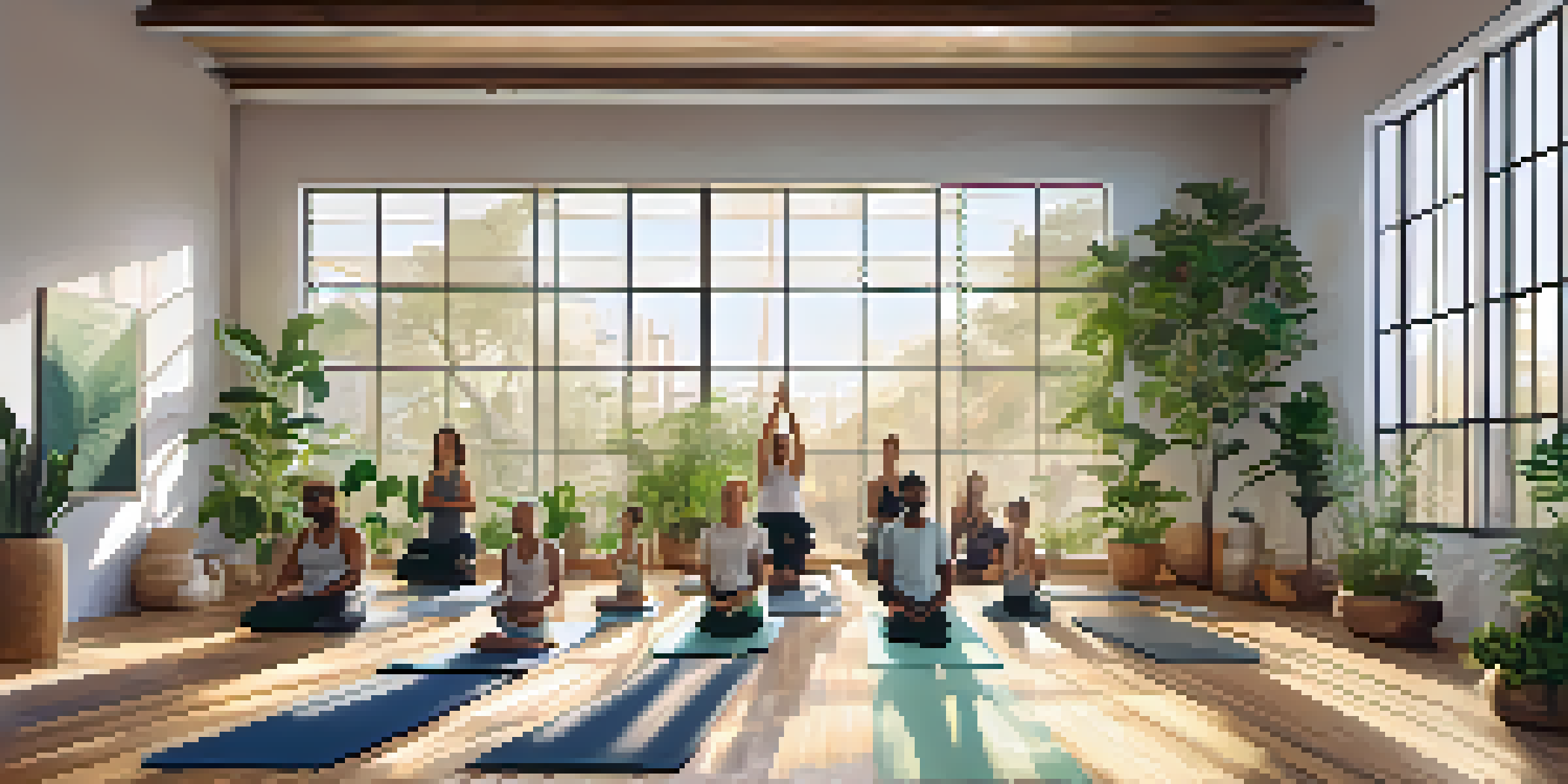 A group of diverse individuals practicing yoga in a cozy studio filled with plants and natural light.