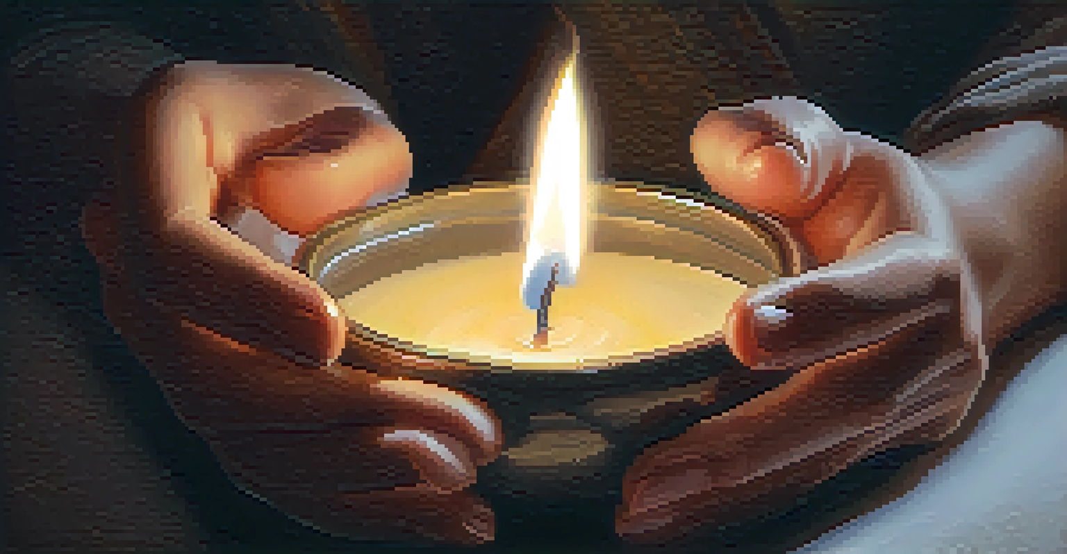 Close-up of a person's hands in a mudra gesture, surrounded by a candle and plant, symbolizing mindfulness.