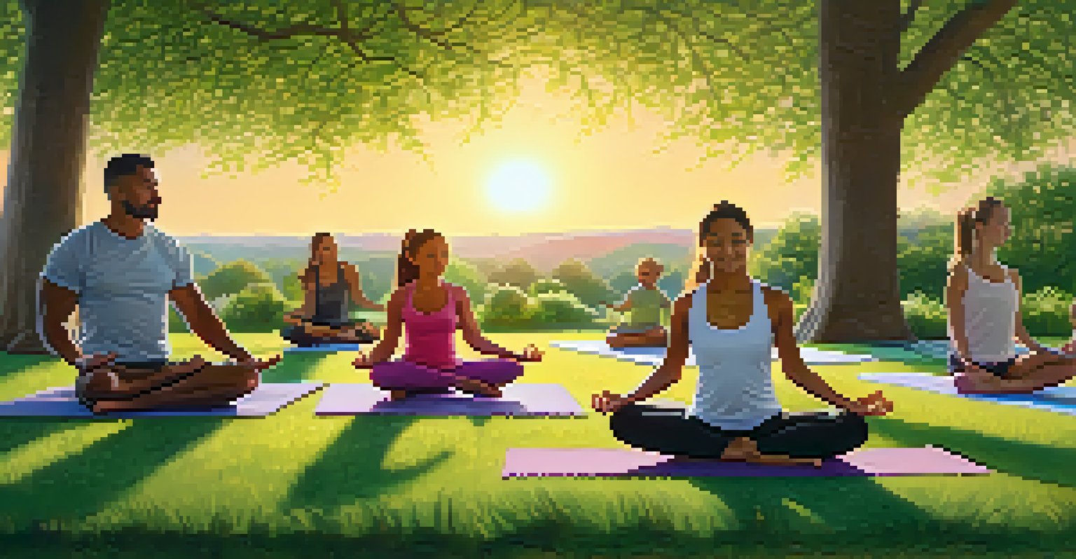 A family practicing yoga together in a park during sunset, with different poses being demonstrated.