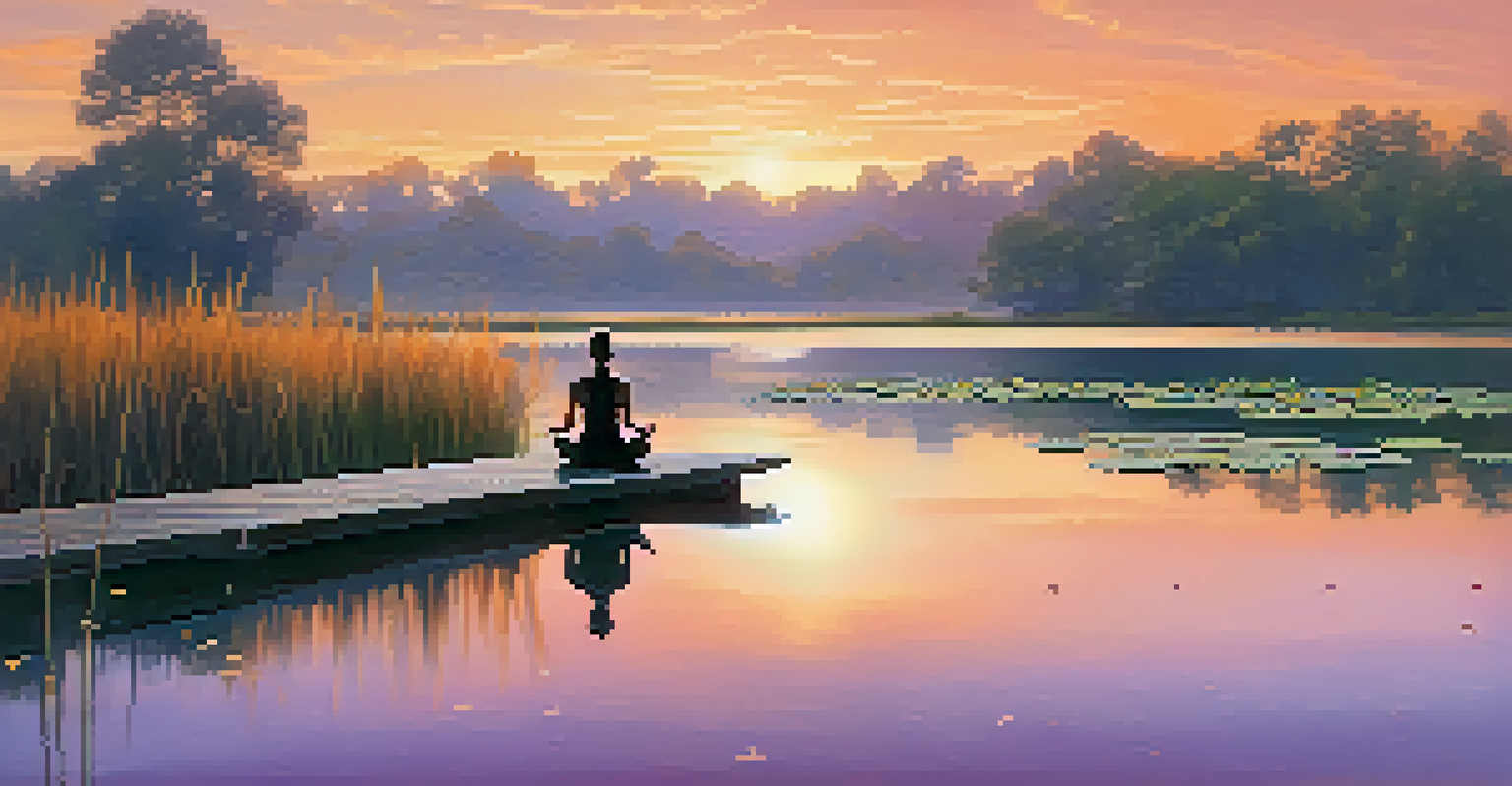 A person meditating on a dock by a lake during sunset, with a colorful sky and calm water.