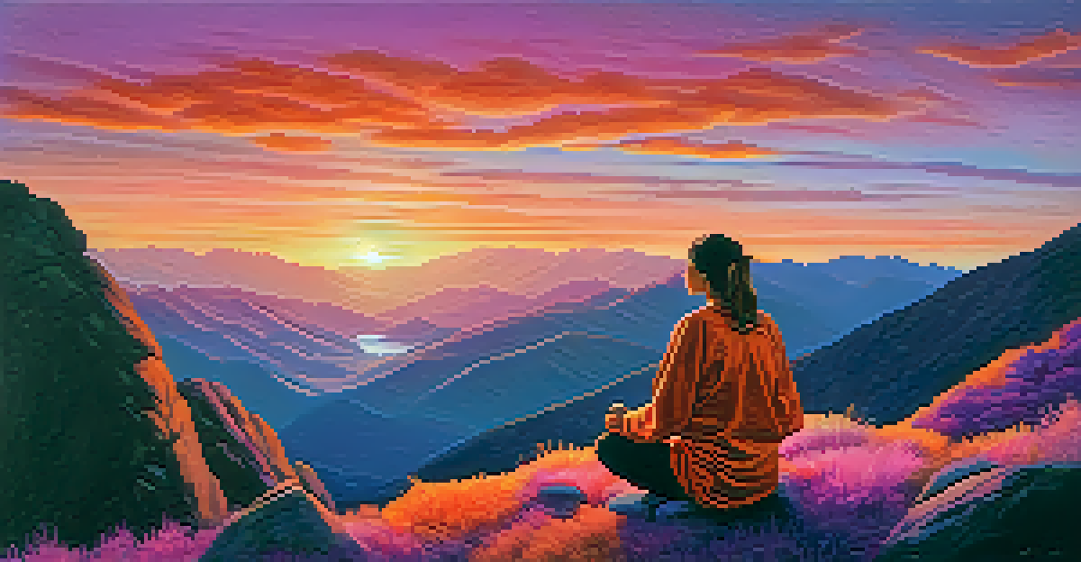 A person meditating on a mountaintop at sunset, practicing breath control with vibrant colors in the sky.